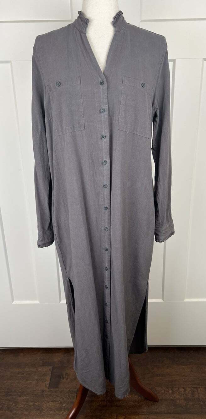 Sundance Shirt Dress S Charcoal Gray 100% Lyocell Ruffle Midi Maxi Button Front